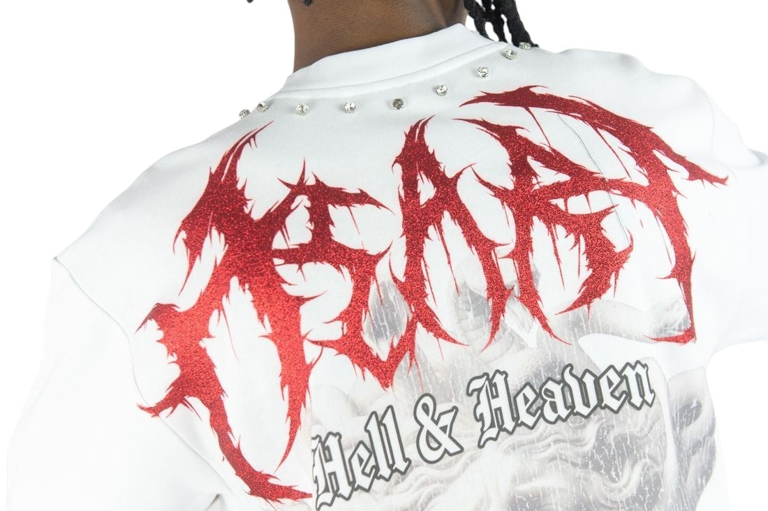 On Time Fashions Rebel Minds white heavyweight crop tee with red glitter graphic and rhinestone neck detailing.