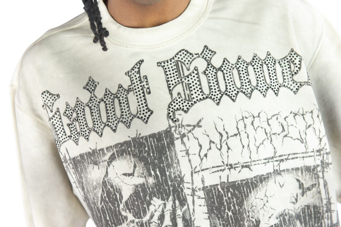 On Time Fashions Rebel Minds Whispers cream heavyweight crop tee with black rhinestone gothic lettering and graphic.