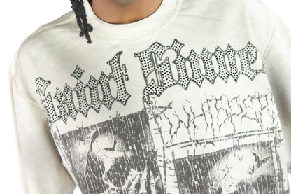 On Time Fashions Rebel Minds Whispers cream heavyweight crop tee with black rhinestone gothic lettering and graphic.