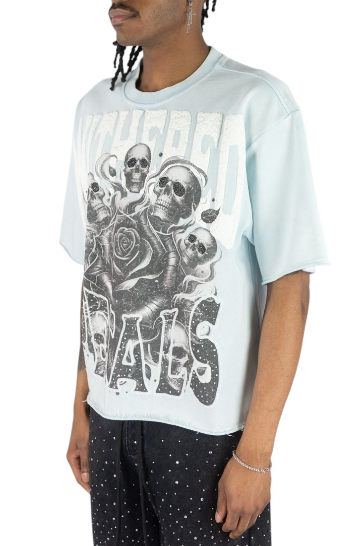 On Time Fashions light blue Rebel Minds crop tee with skull and rose graphic, rhinestone accents, and raw-edge hem.