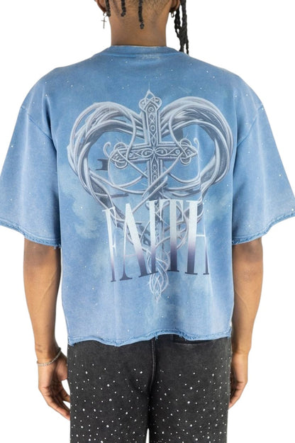 On Time Fashions Rebel Minds blue French terry crop tee with Faith Medusa cross graphic on back, worn by a model.