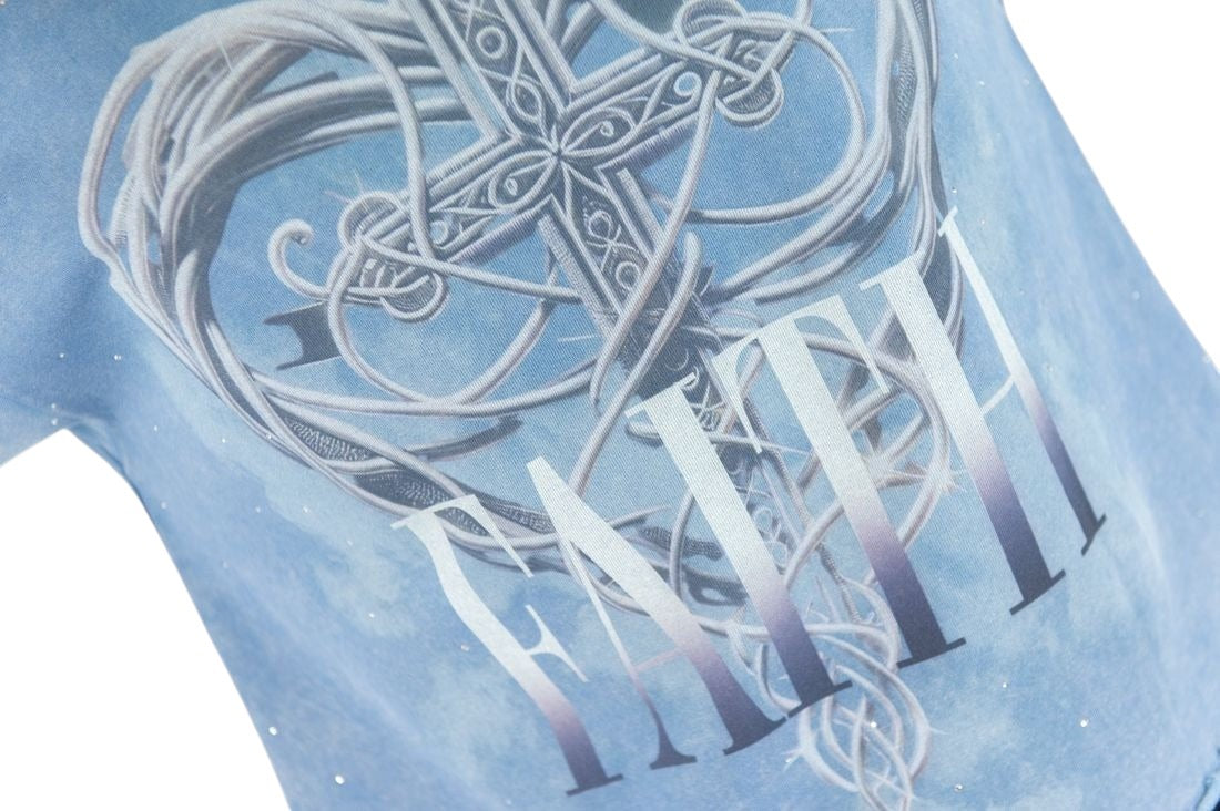 On Time Fashions Rebel Minds blue French terry crop tee with embellished cross graphic and FAITH text detail.