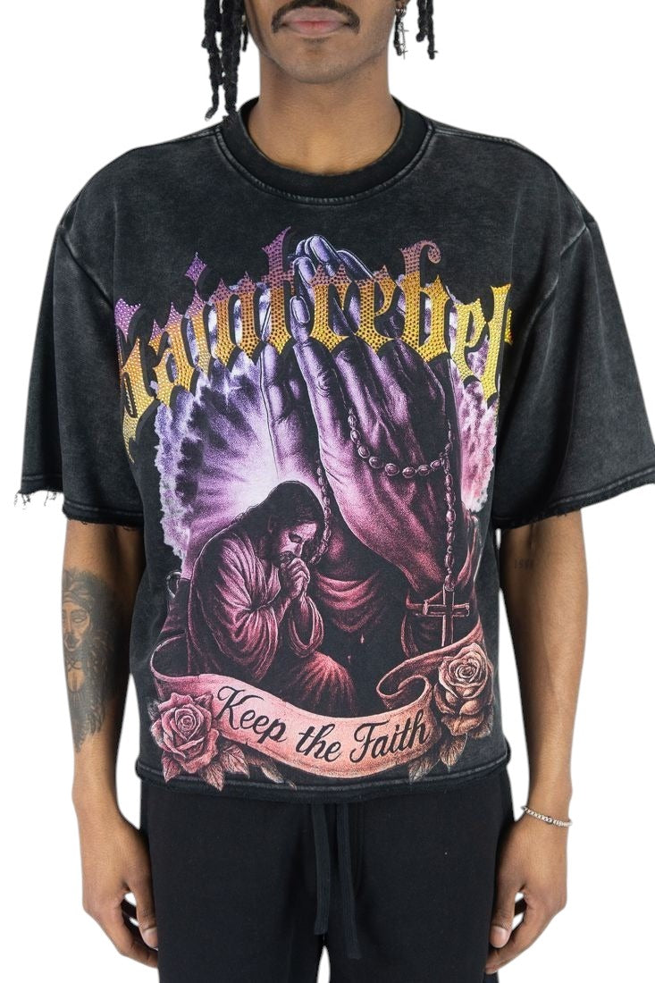 On Time Fashions Rebel Minds Keep The Faith heavyweight black French terry graphic tee with religious print.