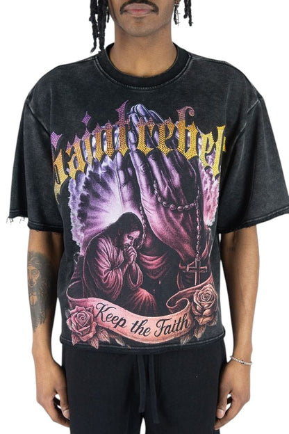On Time Fashions Rebel Minds Keep The Faith heavyweight black French terry graphic tee with religious print.