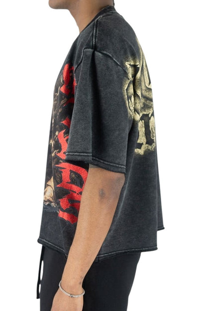 On Time Fashions heavyweight black French terry tee with Set You Free graphic and red and gold distressed print.