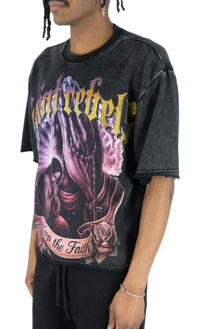 On Time Fashions Rebel Minds heavyweight French terry graphic tee in black with praying hands and religious print.