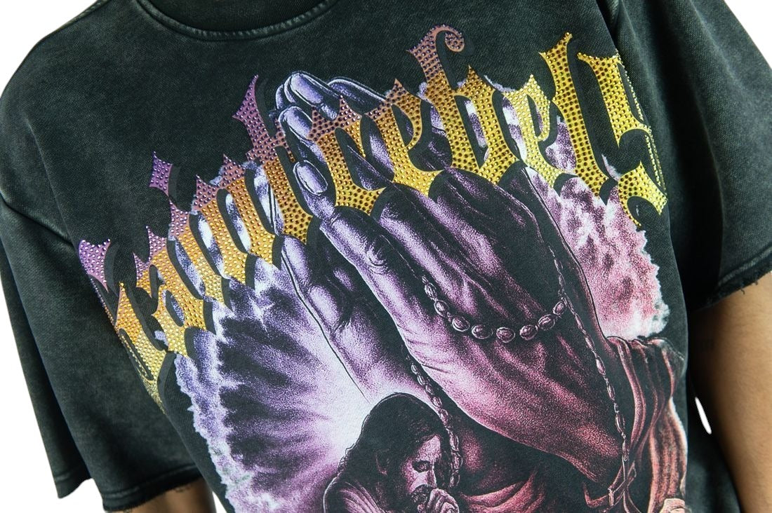 On Time Fashions Rebel Minds Keep The Faith heavyweight French terry tee in washed black with graphic print.