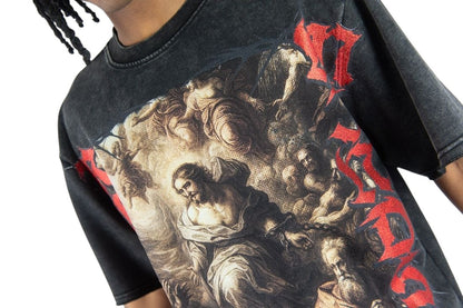 On Time Fashions heavyweight black French terry tee with Set You Free graphic print and red gothic lettering.