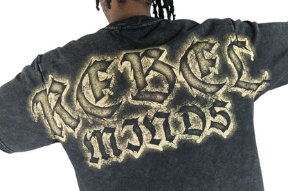 On Time Fashions heavyweight black French terry t-shirt with distressed Rebel Minds graphic on the back