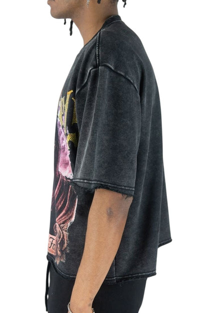 On Time Fashions Rebel Minds heavyweight French terry tee in washed black with graphic print and raw edge sleeves.