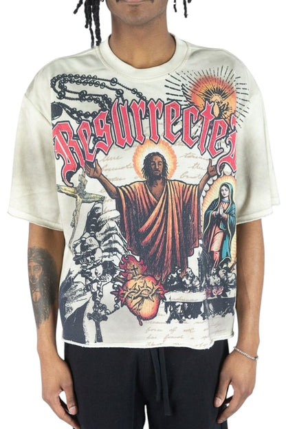 On Time Fashions Rebel Minds Jesus Relic heavyweight French terry tee with graphic print on cream fabric.