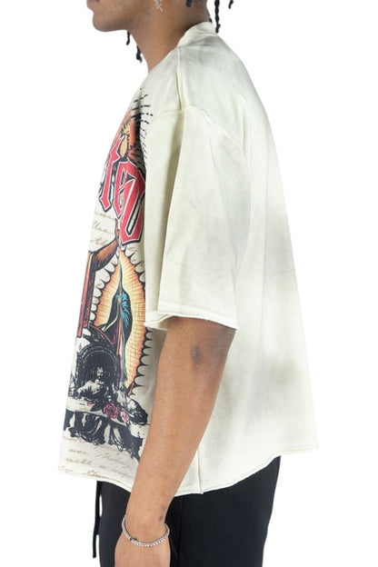Model wearing On Time Fashions Rebel Minds Jesus Relic heavyweight French terry tee with graphic print.