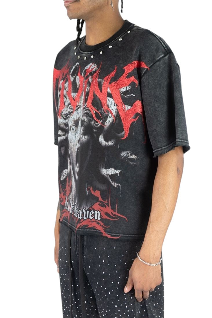 On Time Fashions Rebel Minds Divine Medusa crop tee in black with red graphic print and studded neckline detail.
