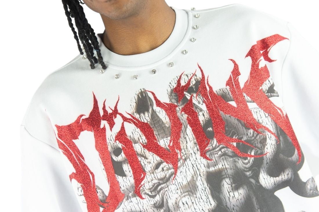 On Time Fashions Rebel Minds Divine Medusa white crop tee with red glitter graphic and rhinestone collar detail.