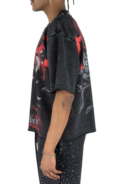 On Time Fashions Rebel Minds Divine Medusa heavyweight black crop tee with red embellished graphic print.