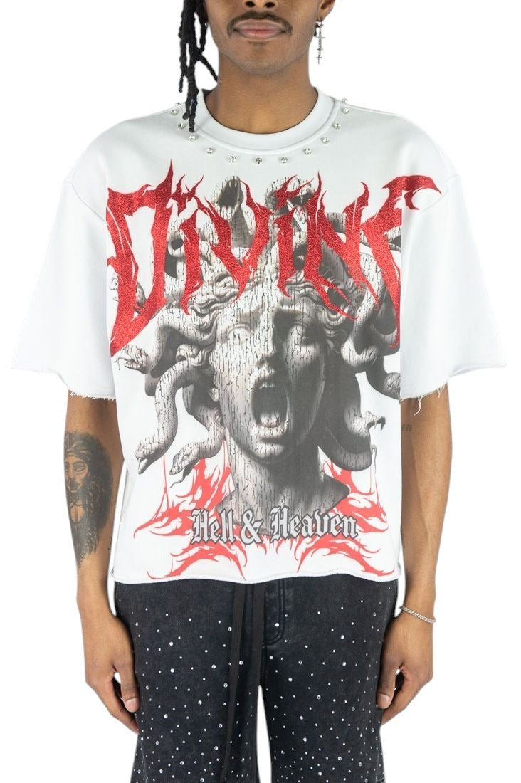 On Time Fashions Rebel Minds white crop tee with Medusa graphic, red glitter text, and rhinestone collar detail.