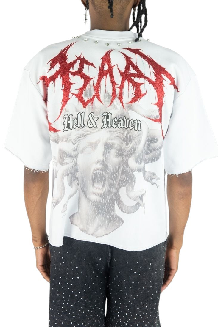 On Time Fashions Rebel Minds white heavyweight crop tee with red glitter Medusa graphic and embellished neckline.