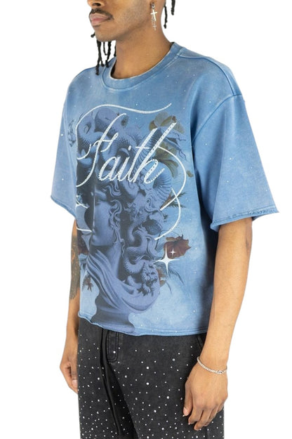 On Time Fashions Rebel Minds blue French terry crop tee with Medusa graphic and rhinestone Faith lettering.