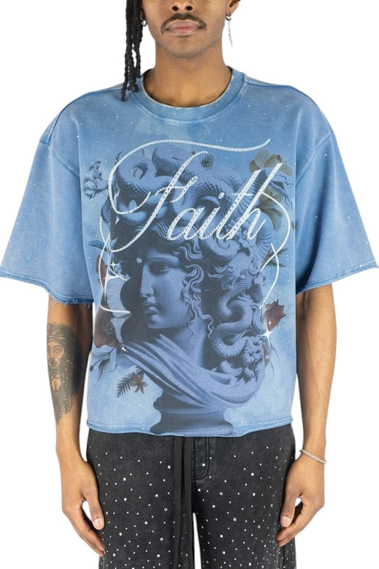 On Time Fashions Rebel Minds blue French terry crop tee with Medusa graphic and Faith lettering on a male model.