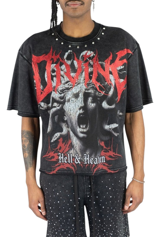 On Time Fashions Rebel Minds Divine Medusa crop tee in black with red graphic print and rhinestone collar detail.
