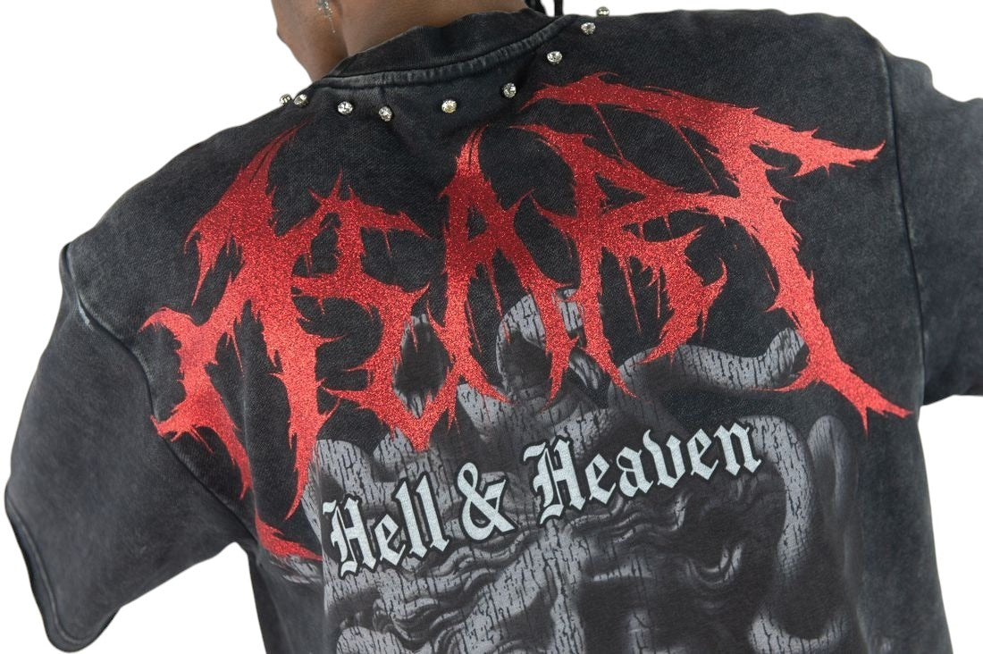 On Time Fashions Rebel Minds Divine Medusa crop tee in black with red glitter graphics and rhinestone collar detail.