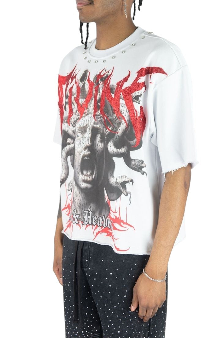 On Time Fashions Rebel Minds Divine Medusa crop tee in white with red glitter graphic and silver stud neckline detail.
