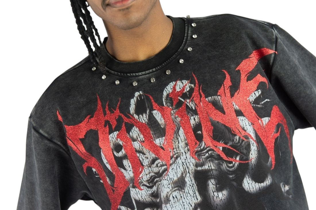 On Time Fashions Rebel Minds Divine Medusa crop tee in black acid wash with red glitter graphic and rhinestone collar.