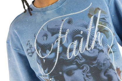 On Time Fashions Rebel Minds blue French terry crop tee with embellished Medusa graphic and rhinestone detailing.