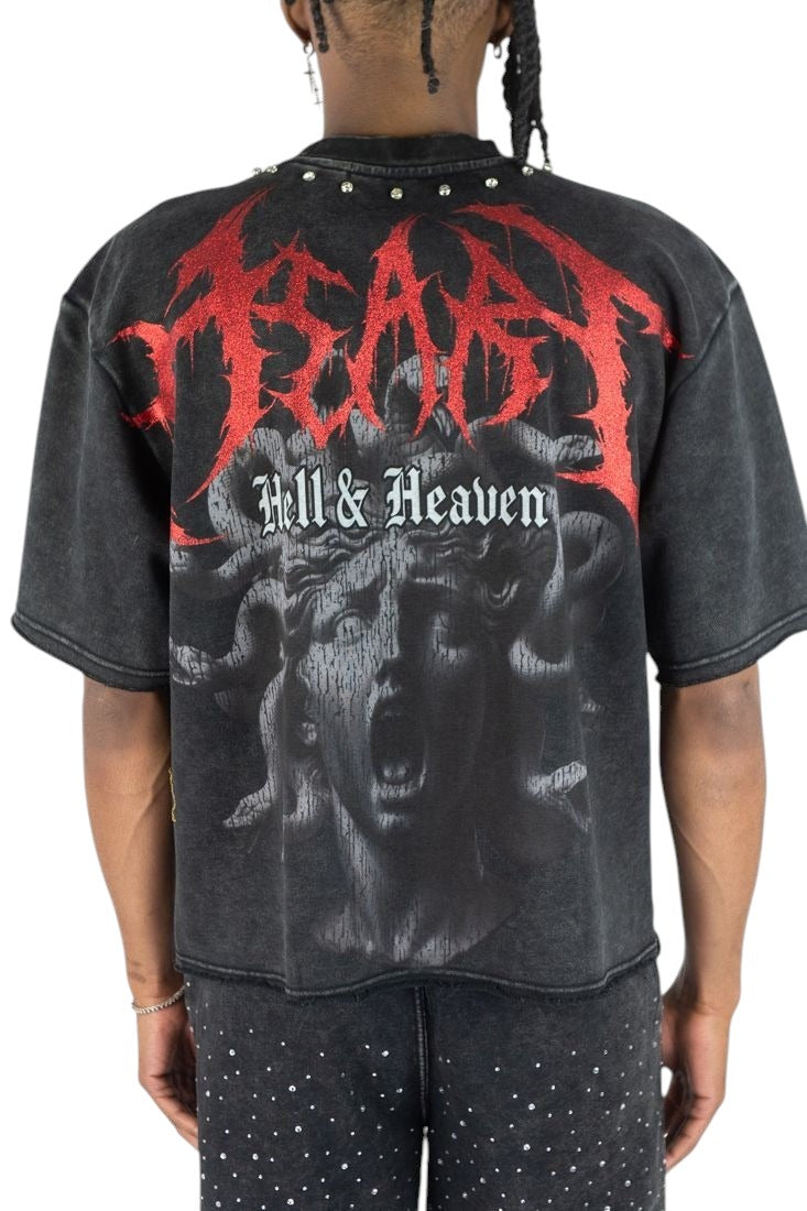 On Time Fashions Rebel Minds Divine Medusa crop tee in black with red glitter graphic and silver stud collar detail.