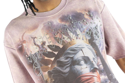 On Time Fashions Rebel Minds crop tee in mauve with a graphic print, rhinestone embellishments, and French terry.
