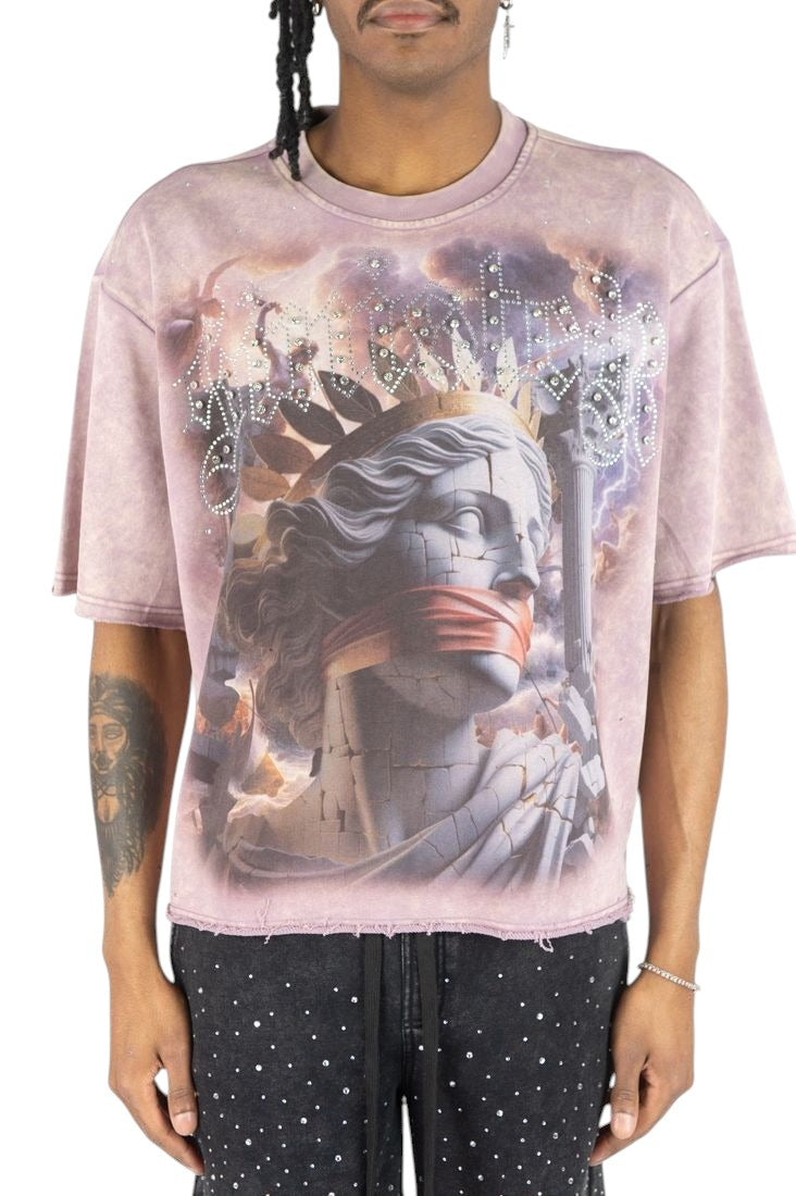 On Time Fashions Rebel Minds mauve crop tee with rhinestone graphic of a statue, cotton-poly French terry streetwear.