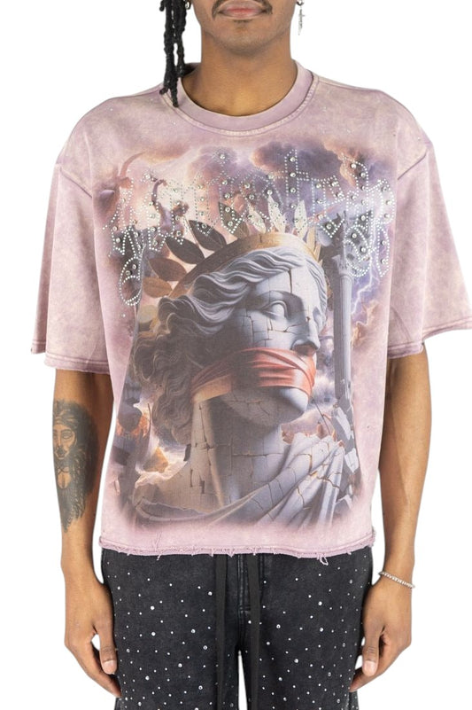 On Time Fashions Rebel Minds mauve crop tee with rhinestone graphic of a statue, cotton-poly French terry streetwear.