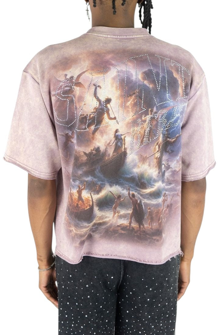 On Time Fashions Rebel Minds crop tee in washed mauve with a large sinister graphic and rhinestone detailing.