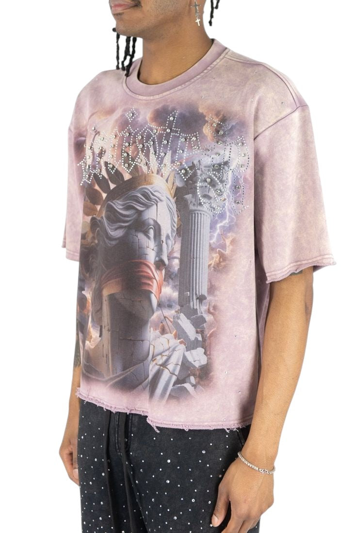 On Time Fashions Rebel Minds mauve French terry crop tee with rhinestone graphic and raw hem worn by a male model.