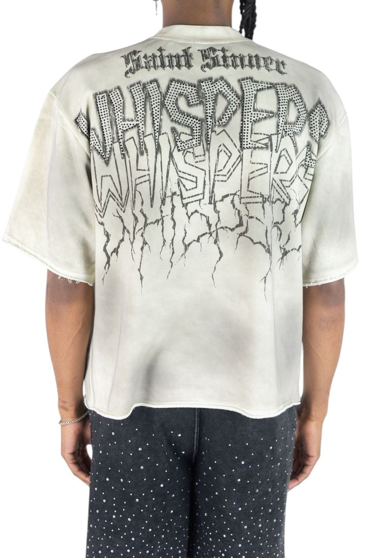 On Time Fashions Rebel Minds Whispers crop tee in off-white with black gothic graphic print and raw hem detail.