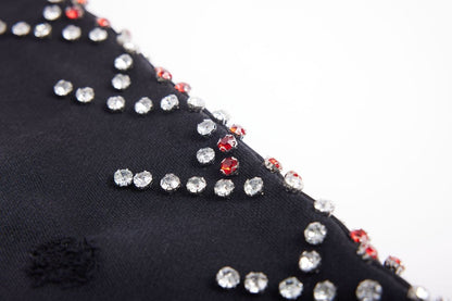 On Time Fashions black terry cloth shorts with rhinestone detailing and distressed patch.