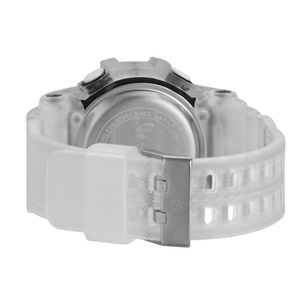 On Time Fashions Godspeed Shot Clock watch showing the translucent white PU strap and stainless steel case back.