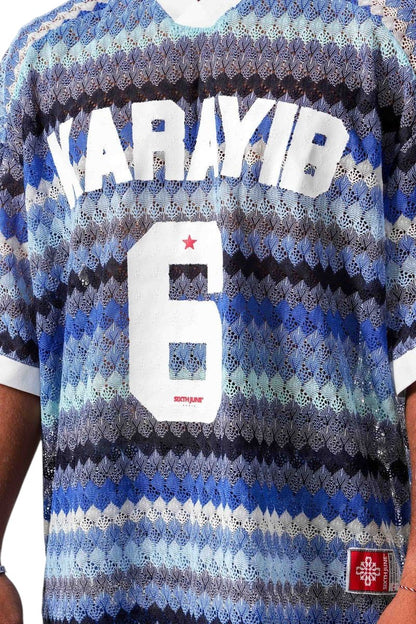 On Time Fashions Sixth June Caribbean Crochet Set blue, white, and black striped knit jersey with large white number 6 and KARAYIB text.