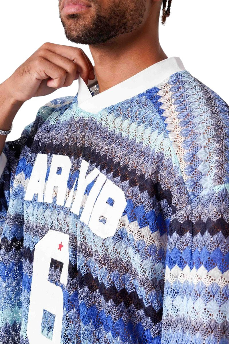 On Time Fashions Sixth June Caribbean Crochet Set, blue and white knit jersey with "ARRIB" and "6" graphic.