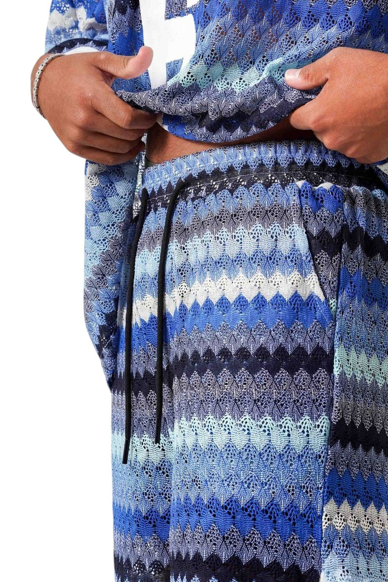 On Time Fashions Sixth June Caribbean Crochet Set, blue and white chevron pattern knit shorts with drawstring waist.