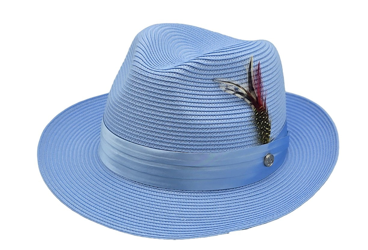 On Time Fashions St. Patrick Fedora hat in light blue woven straw with a satin band and feather accent.