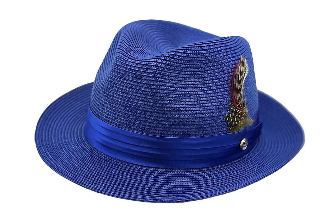 On Time Fashions St. Patrick Fedora hat in royal blue woven straw with a satin band and feather accent.
