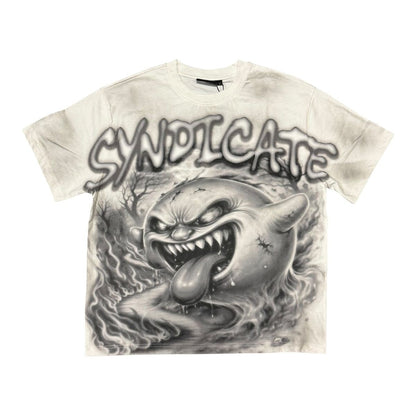 On Time Fashions Syndicate Airbrush Ghost Tee in off-white cotton with a menacing grey airbrushed graphic print.