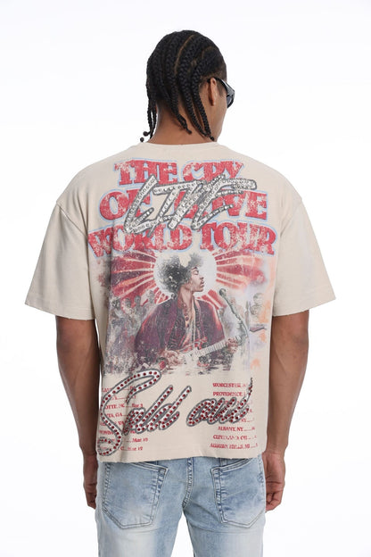 On Time Fashions Syndicate LND beige graphic t-shirt featuring a vintage Jimi Hendrix concert print on the back.