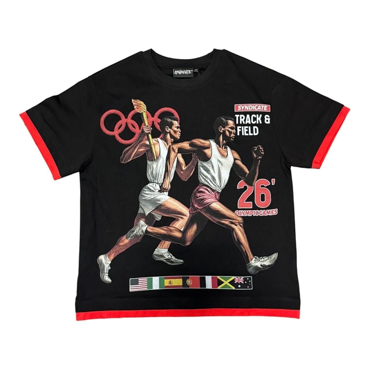 On Time Fashions Syndicate Olympic Tee in black with vintage track and field graphic, red trim, and Olympic rings.
