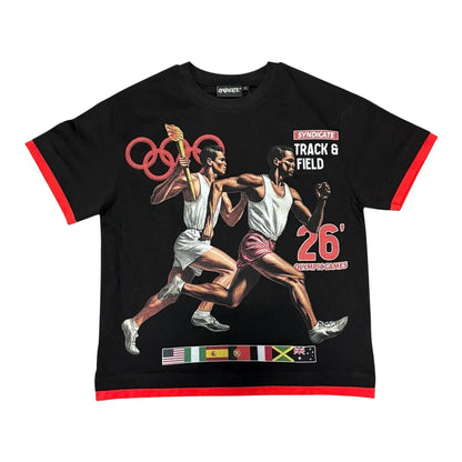 On Time Fashions Syndicate Olympic Tee in black with vintage track and field graphic, red trim, and Olympic rings.