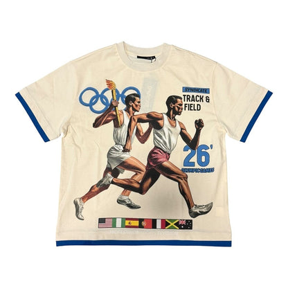 On Time Fashions Syndicate Olympic Tee in cream with vintage track and field graphic, blue contrast trim, and flags.