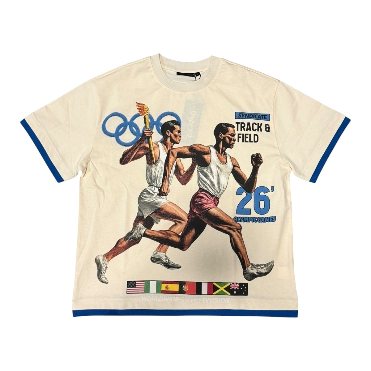 On Time Fashions Syndicate Olympic Tee in cream with vintage track and field graphic, blue contrast trim, and flags.