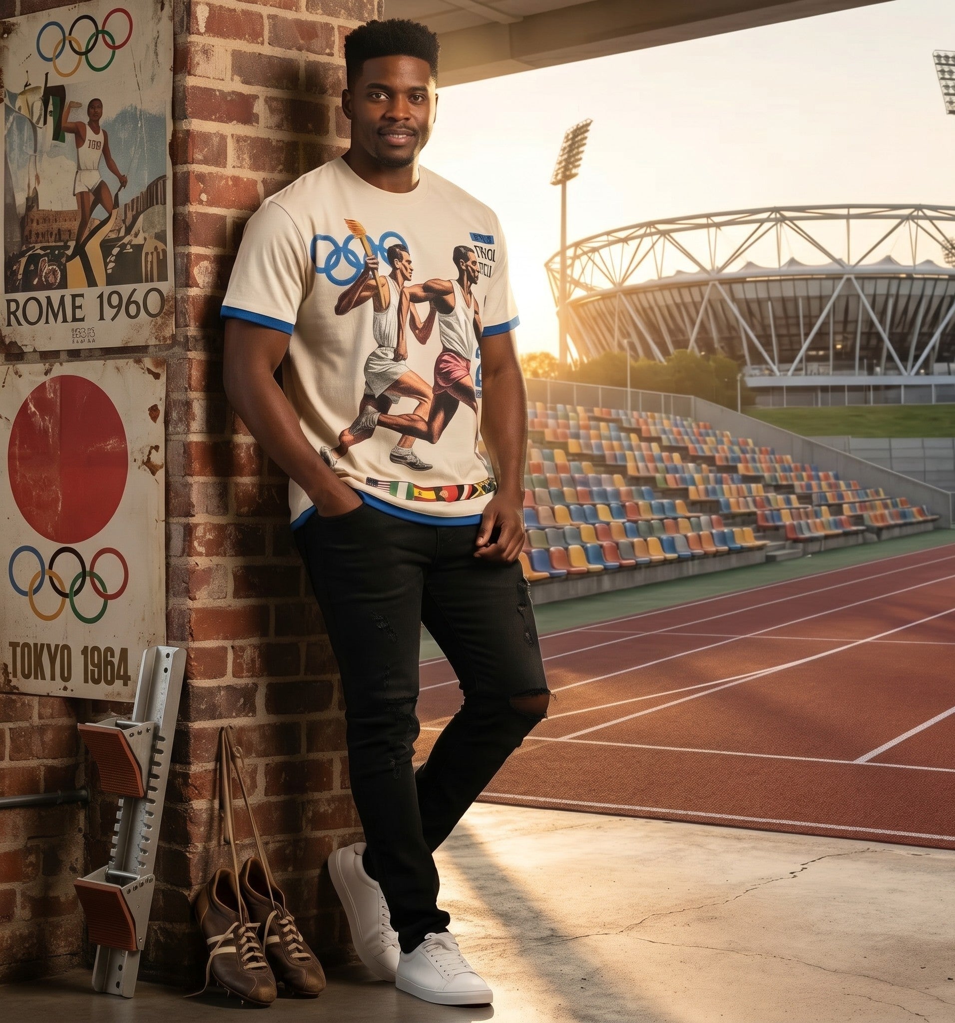 On Time Fashions Syndicate Olympic graphic tee in cream with blue trim, worn by a man at a stadium track.