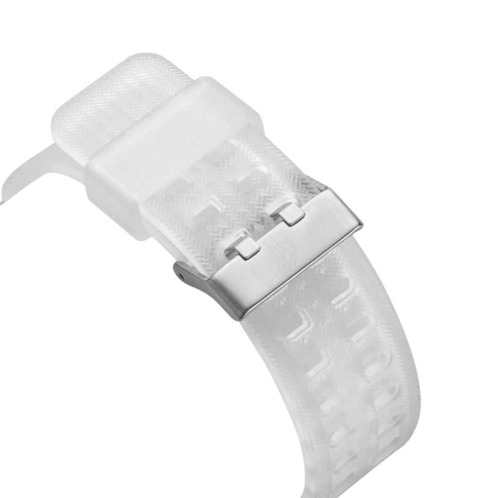 On Time Fashions Godspeed Shot Clock watch featuring a durable, translucent white PU performance strap with a buckle.